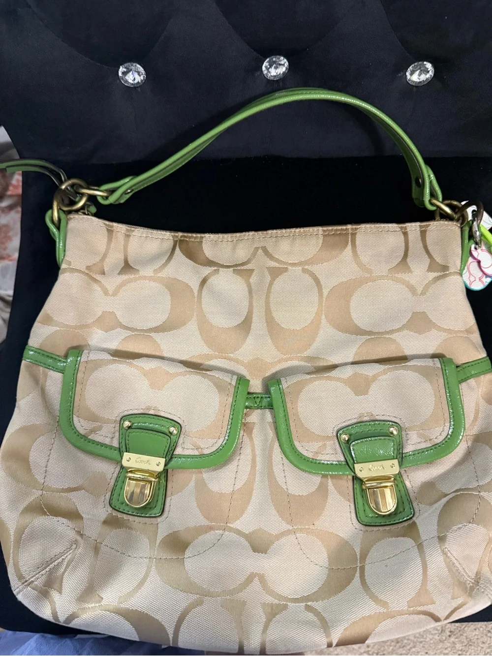 Coach Beige Signature Canvas Shoulder Bag with Green Trim